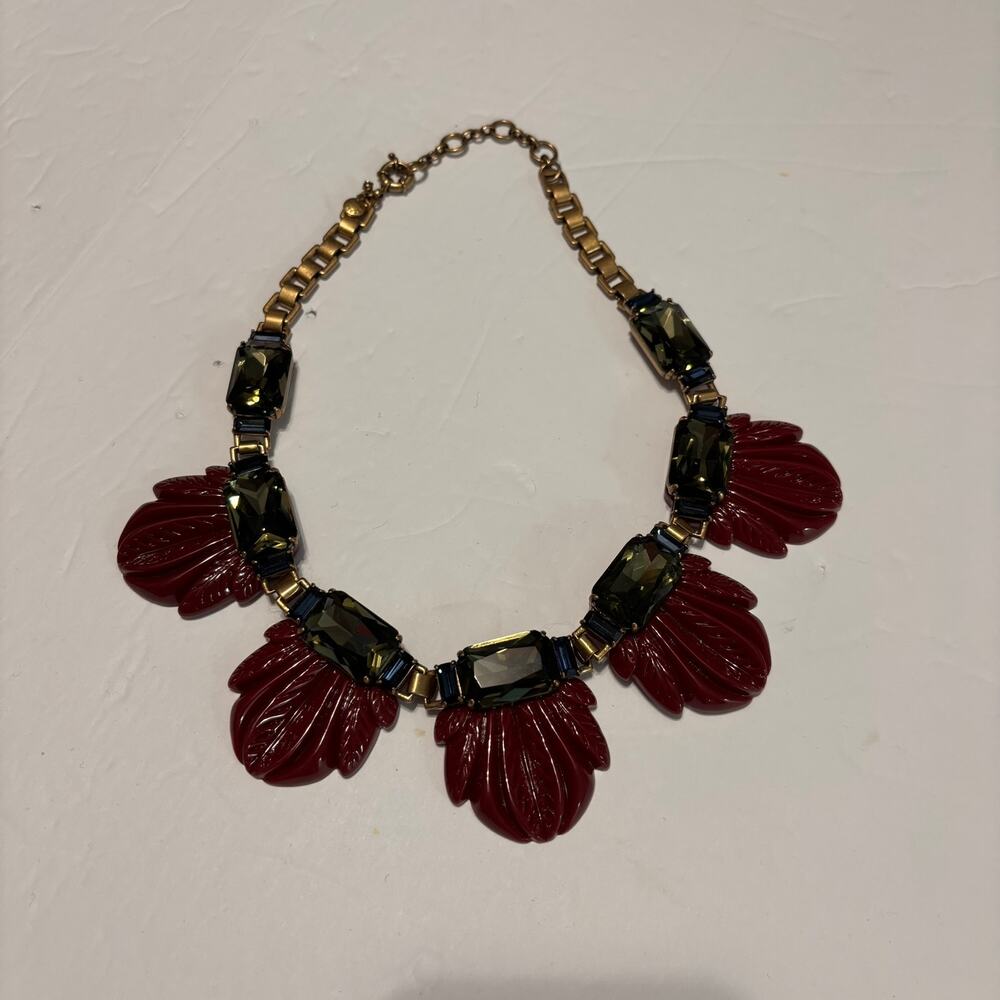 Vintage J. Crew Statement Necklace Red Leaf Acrylic Green Crystal Gold Bib